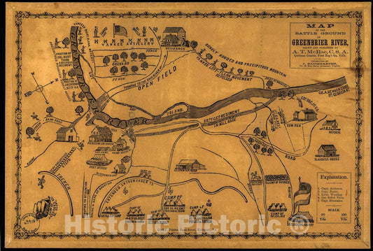Historic 1861 Map - Map of The Battle Ground of Greenbrier River