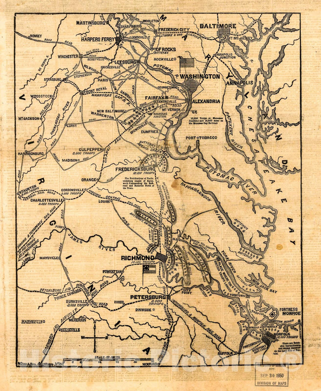 Historic 1861 Map - The seat of war in Virginia. Positions of The Rebel Forces, Batteries, intrenchments and encampments in Virginia-The fortifications for The Protection of Richmond