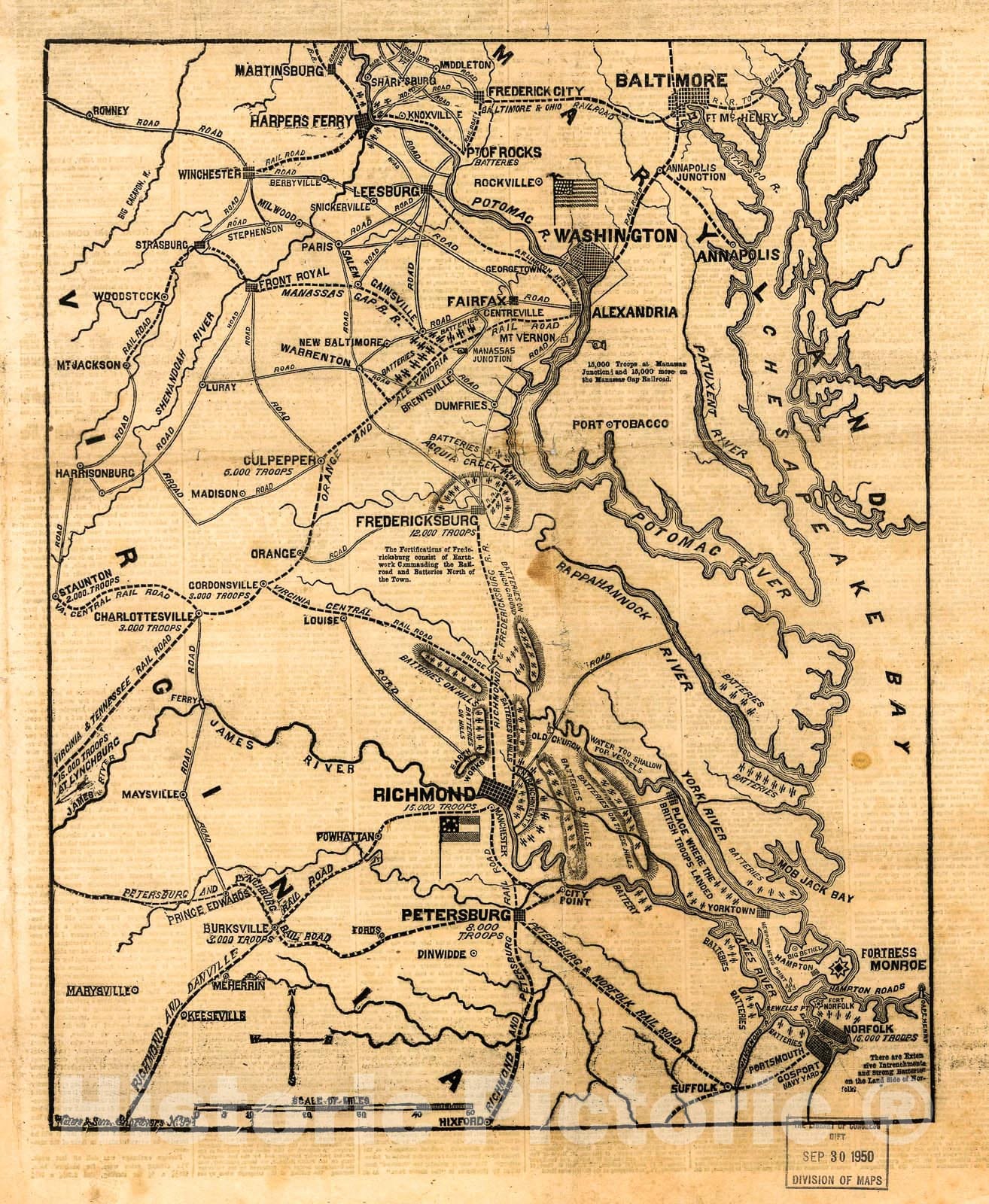 Historic 1861 Map - The seat of war in Virginia. Positions of The Rebel Forces, Batteries, intrenchments and encampments in Virginia-The fortifications for The Protection of Richmond