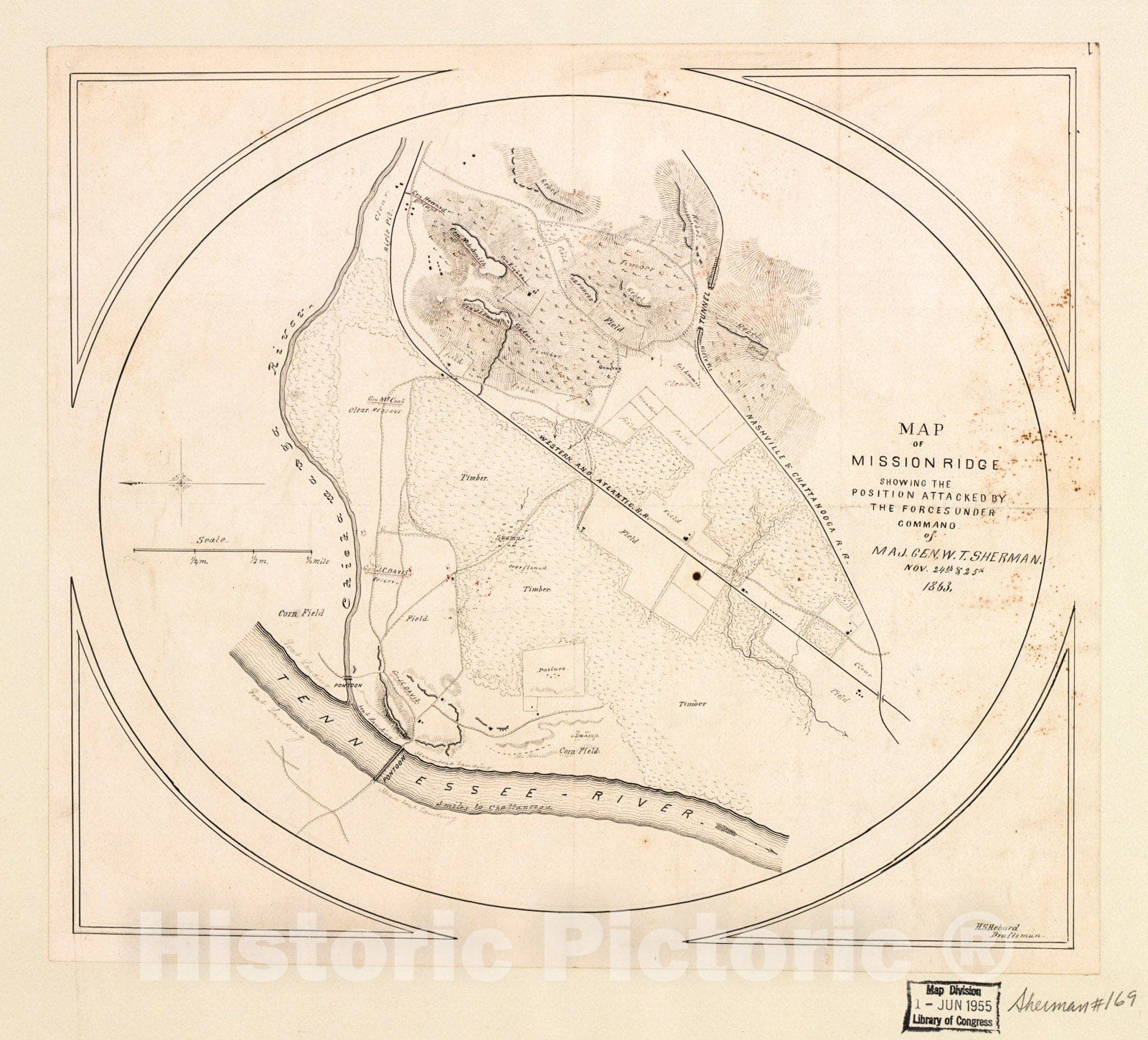 Historic 1863 Map - Map of Mission sic Ridge Showing The Position Attacked by The Forces Under Command of Maj. Gen. W. T. Sherman, Nov. 24th & 25th 1863