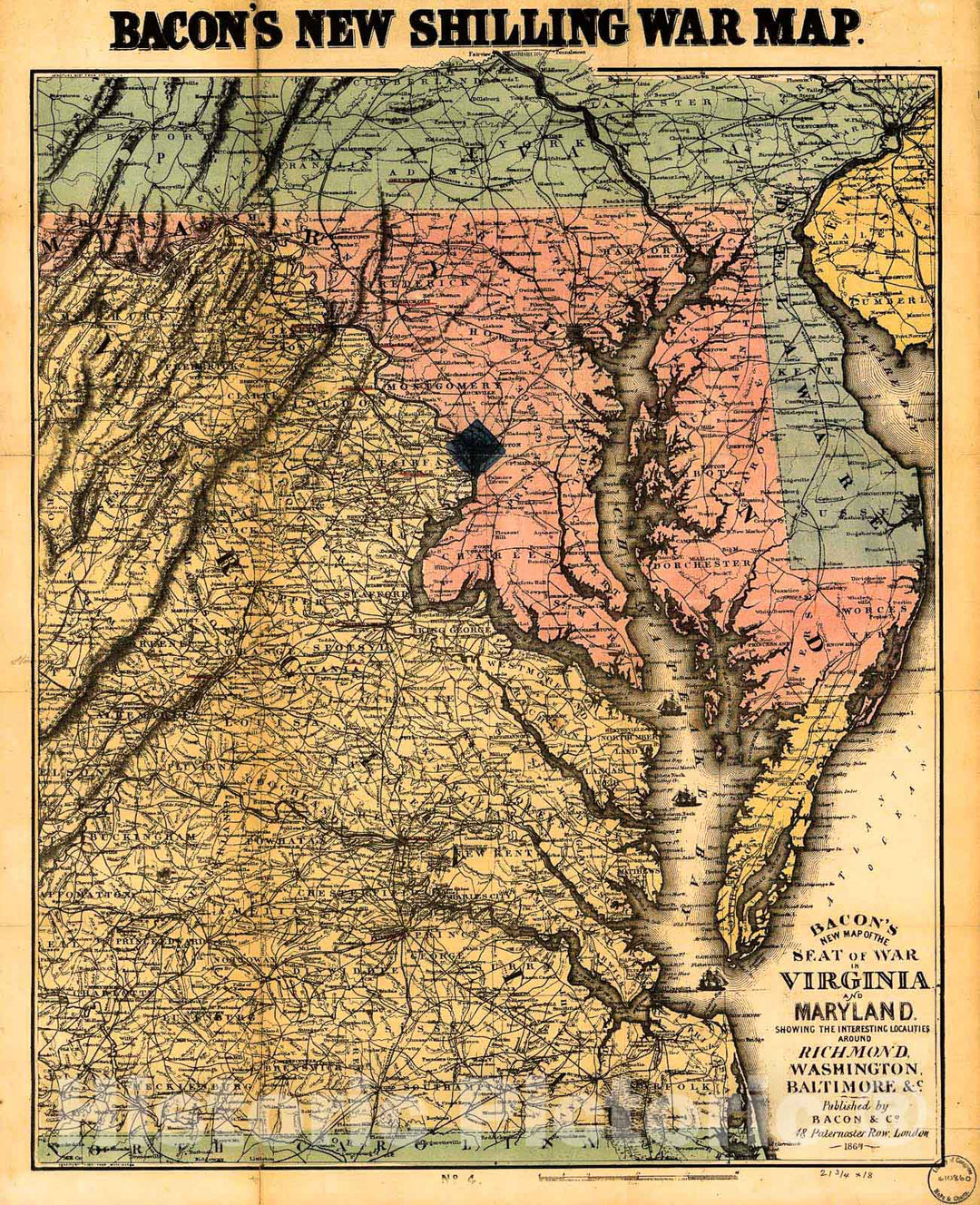 Historic 1864 Map - Bacon's New map of The seat of war in Virginia and Maryland. Showing The Interesting localities Around Richmond, Washington, Baltimore