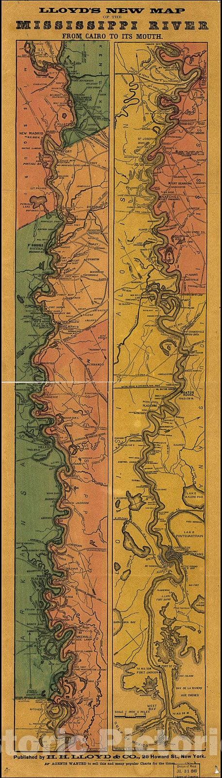 Historic 1863 Map - Lloyd's New map of The Mississippi River from Cairo to its Mouth