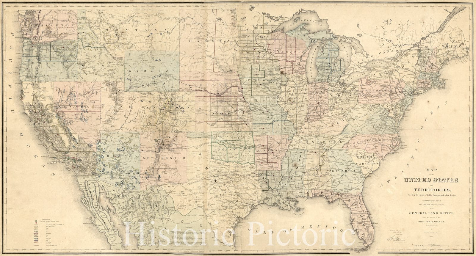 Historic 1868 Map - Map of The United States and Territories, Showing The Extent of Public surveys and Other Details