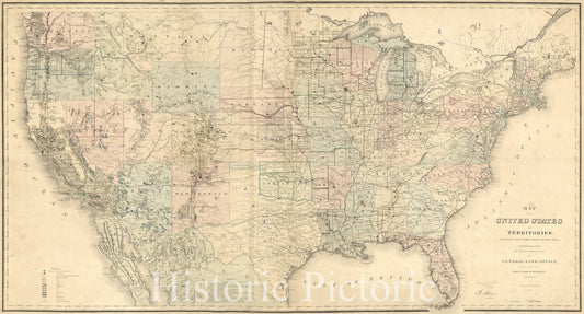 Historic 1868 Map - Map of The United States and Territories, Showing The Extent of Public surveys and Other Details