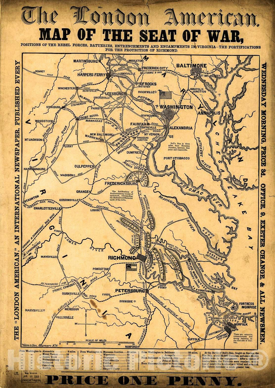 Historic 1861 Map - Map of The seat of war, Positions of The Rebel Forces, Batteries, entrenchments, and encampments in Virginia-The fortifications for The Protection of Richmond