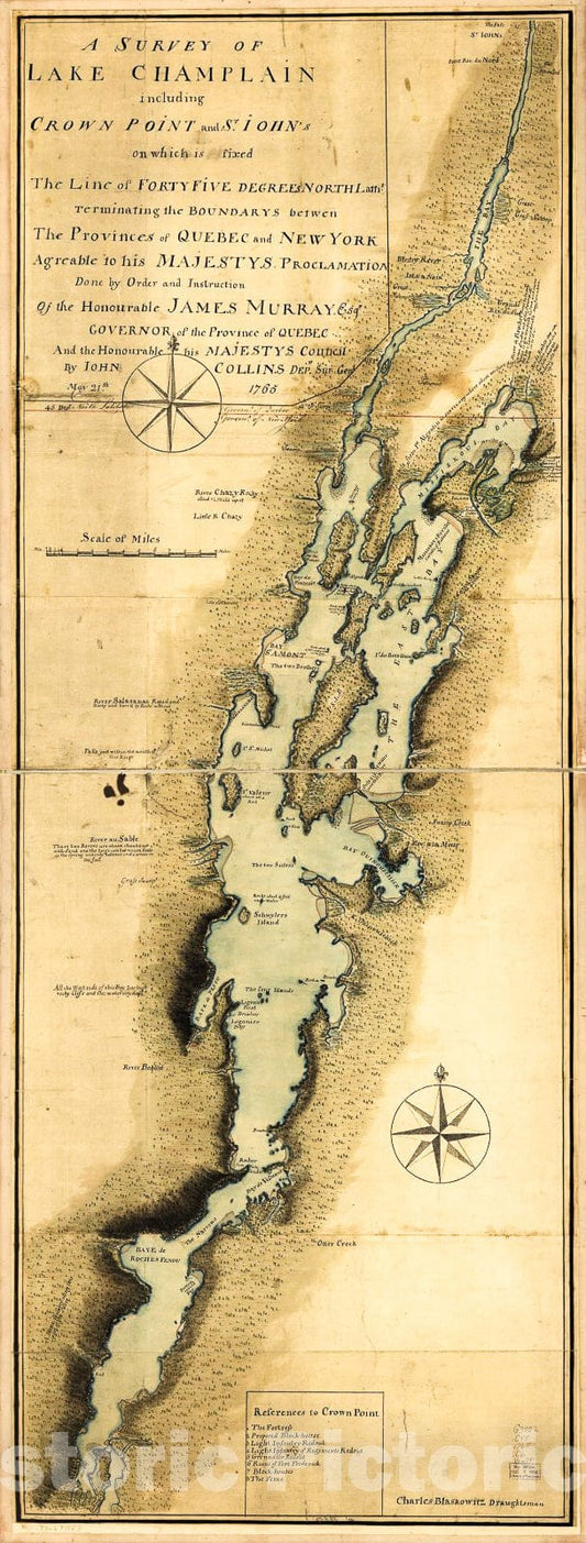 Historic 1765 Map - A Survey of Lake Champlain Including Crown Point and St. Iohn's on which is Fixed The line of Forty Five Degrees North lattit.