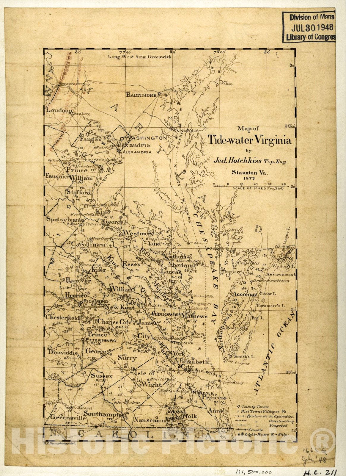 Historic 1873 Map - Map of Tide-Water Virginia