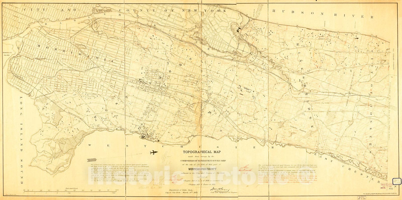 Historic 1874 Map - Topographical map Made from surveys by The commissioners of The Department of Public Parks of The City of New York of That Part of Westchester County
