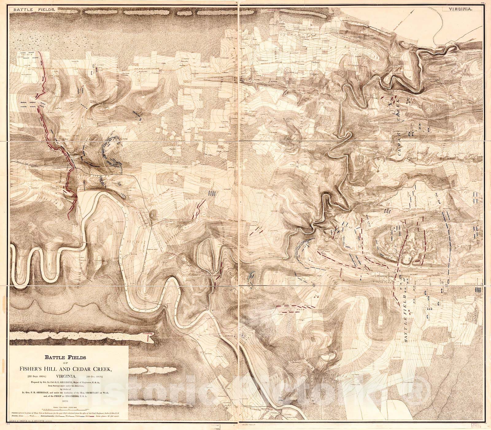 Historic 1873 Map - Battle Fields of Fisher's Hill 22 Sept. 1864 and Cedar Creek 19 Oct. 1864, Virginia