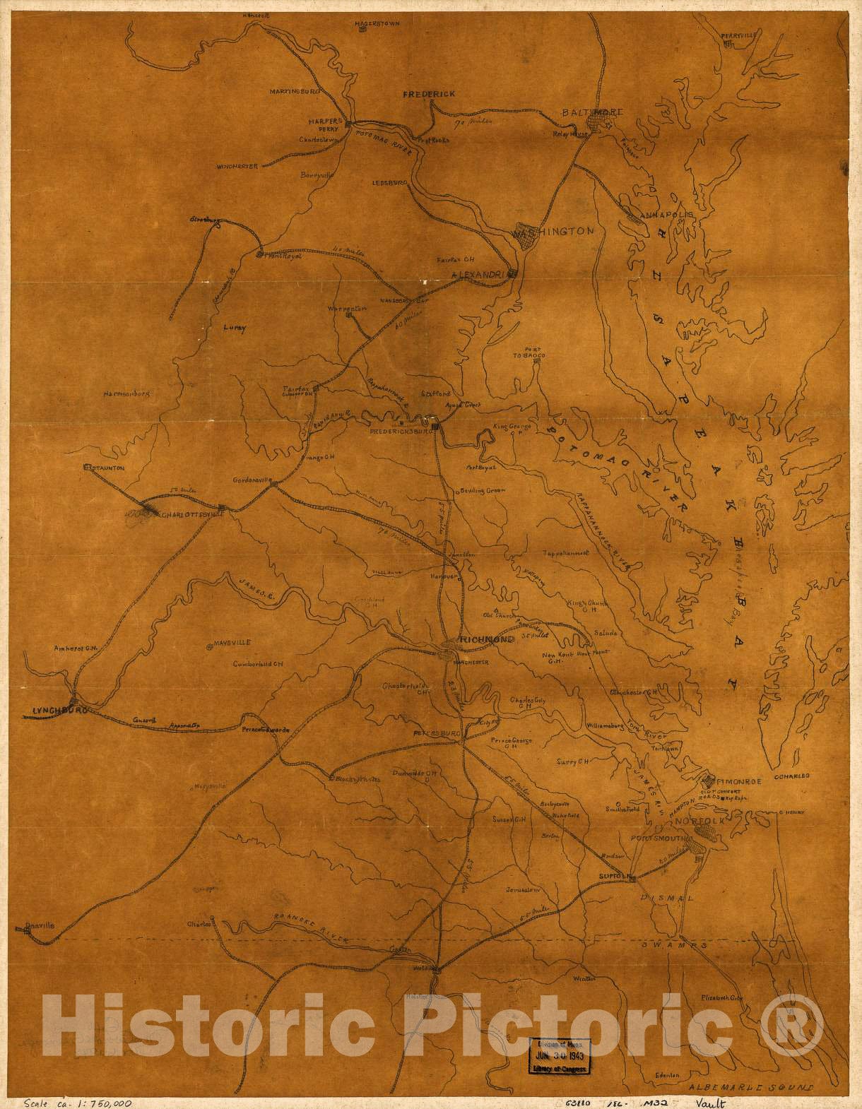 Historic 1861 Map - Map of Eastern Virginia and Parts of Maryland and Northern North Carolina Showing Railroads and Principal Cities and Towns