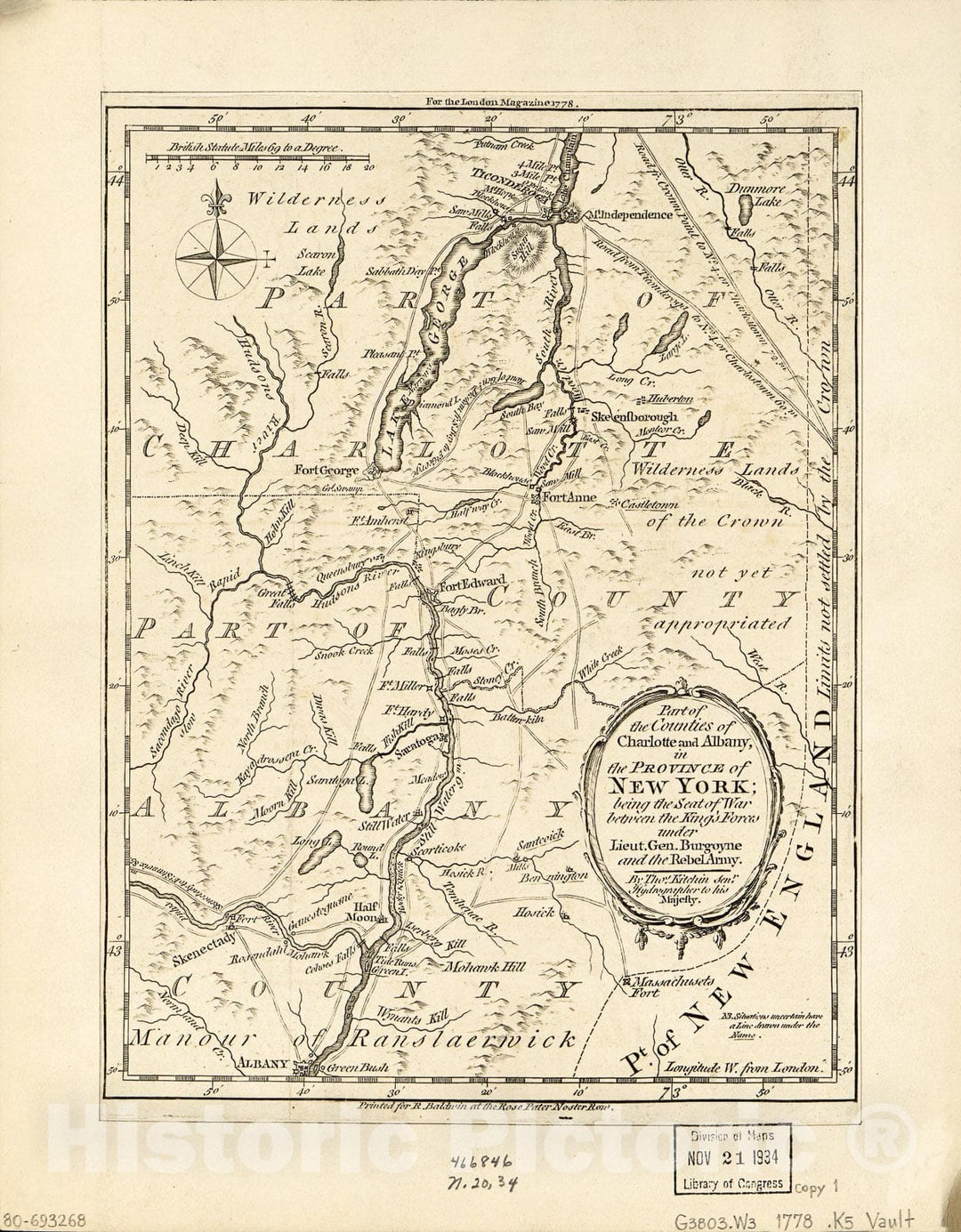 Historic 1778 Map - Part of The Counties of Charlotte and Albany, in The Province of New York : Being The seat of war Between The King's Forces Under Lieut