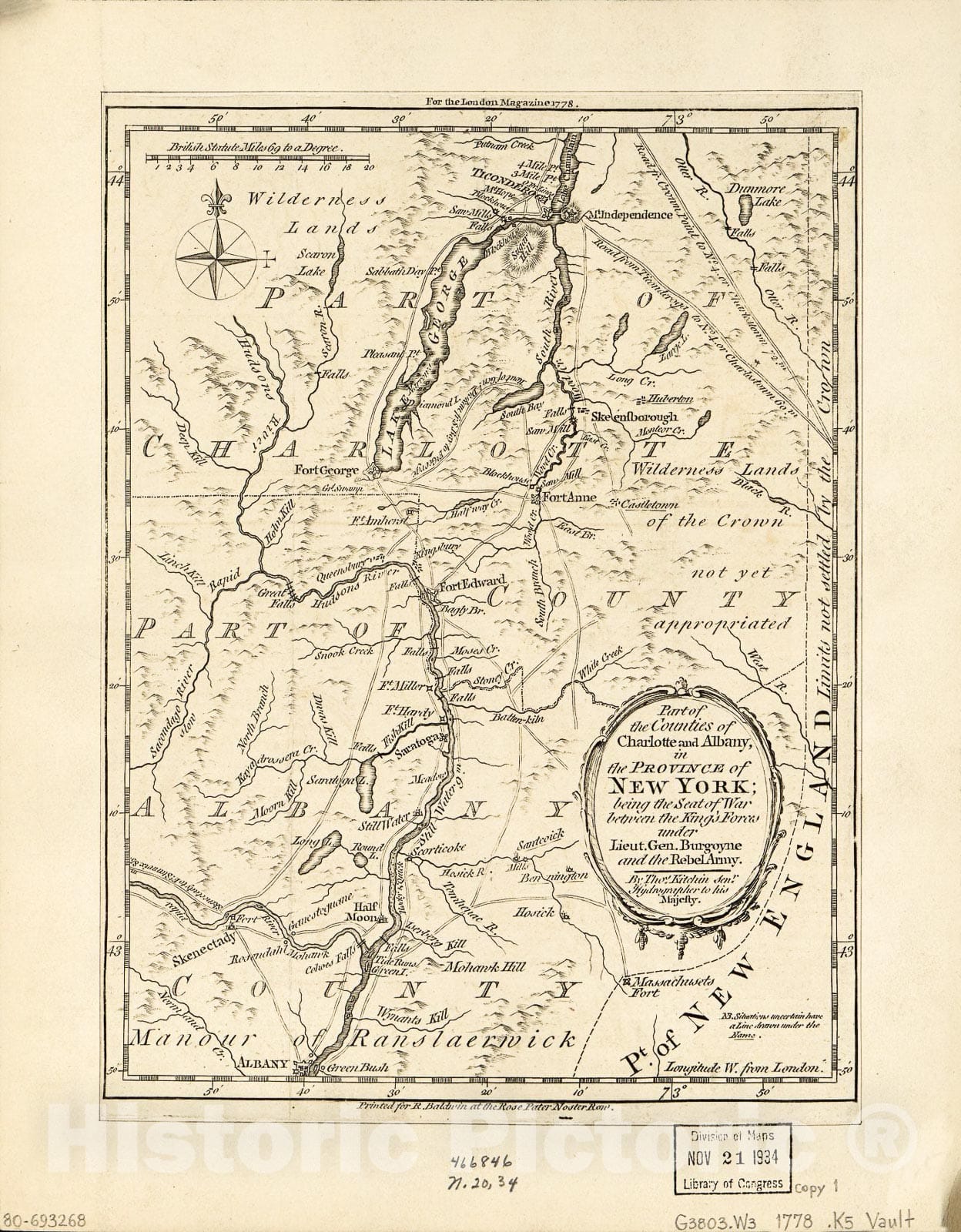 Historic 1778 Map - Part of The Counties of Charlotte and Albany, in The Province of New York : Being The seat of war Between The King's Forces Under Lieut