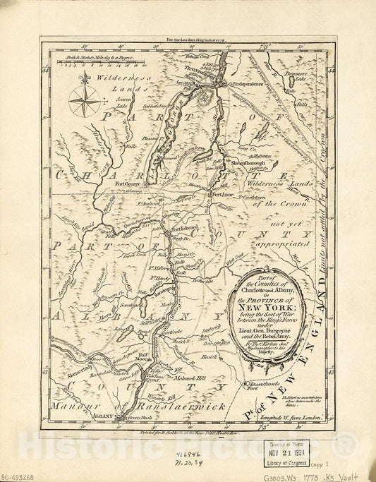Historic 1778 Map - Part of The Counties of Charlotte and Albany, in The Province of New York : Being The seat of war Between The King's Forces Under Lieut