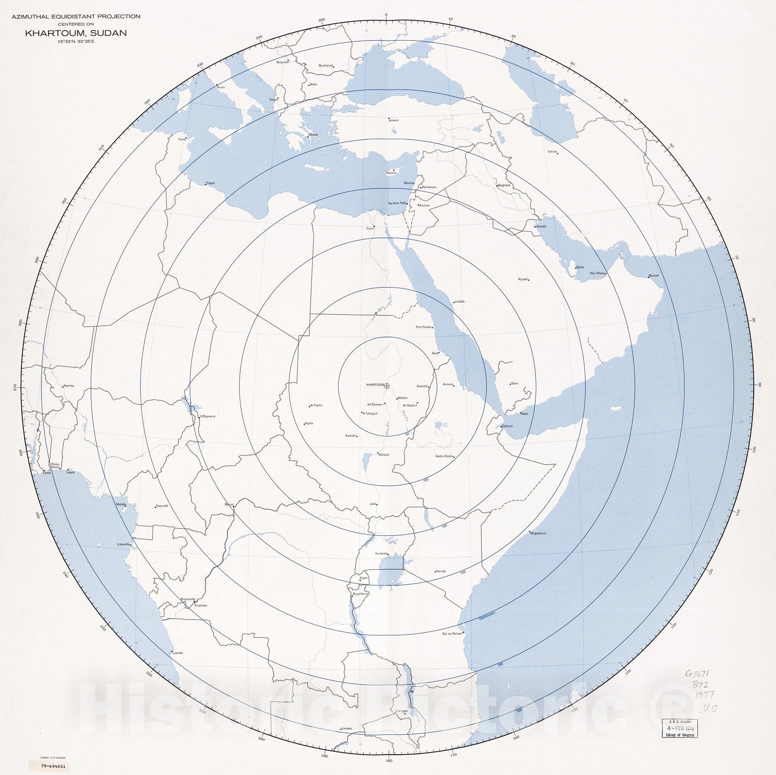 Historic 1977 Map - Azimuthal equidistant Projection Centered on Khartoum, Sudan, 1533N, 3235E.
