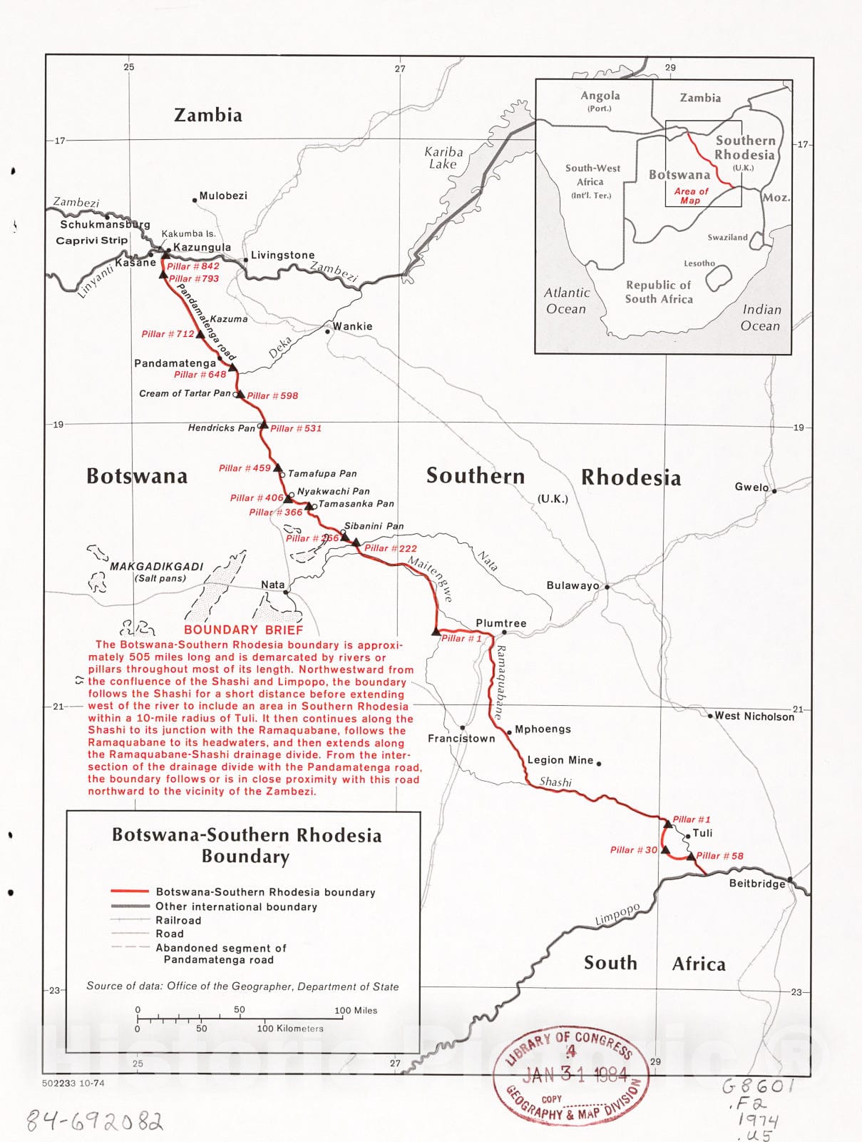 Historic 1974 Map - Botswana-Southern Rhodesia Boundary.