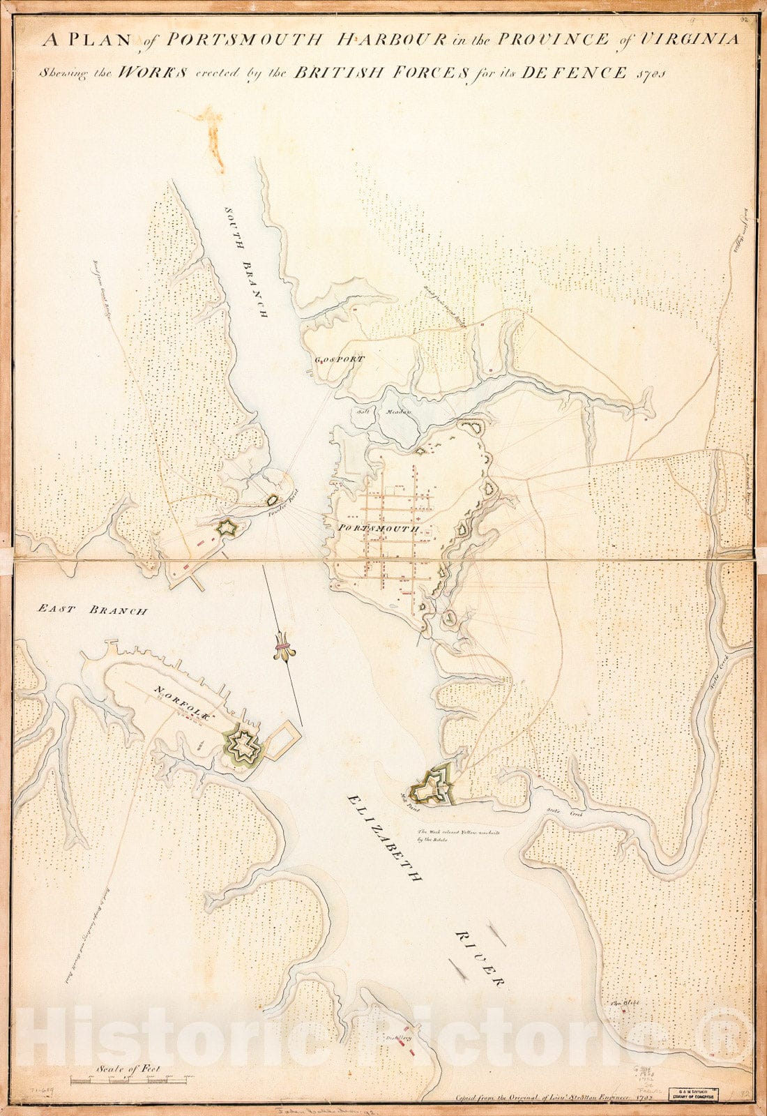Historic 1782 Map - A Plan of Portsmouth Harbour in The Province of Virginia shewing The Works erected by The British Forces for its Defence, 1781.