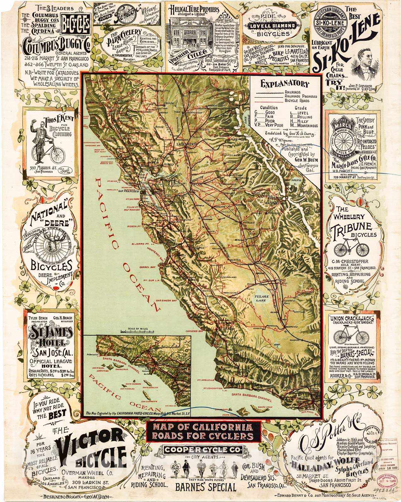 Historic 1895 Map - Map of California Roads for cyclers.