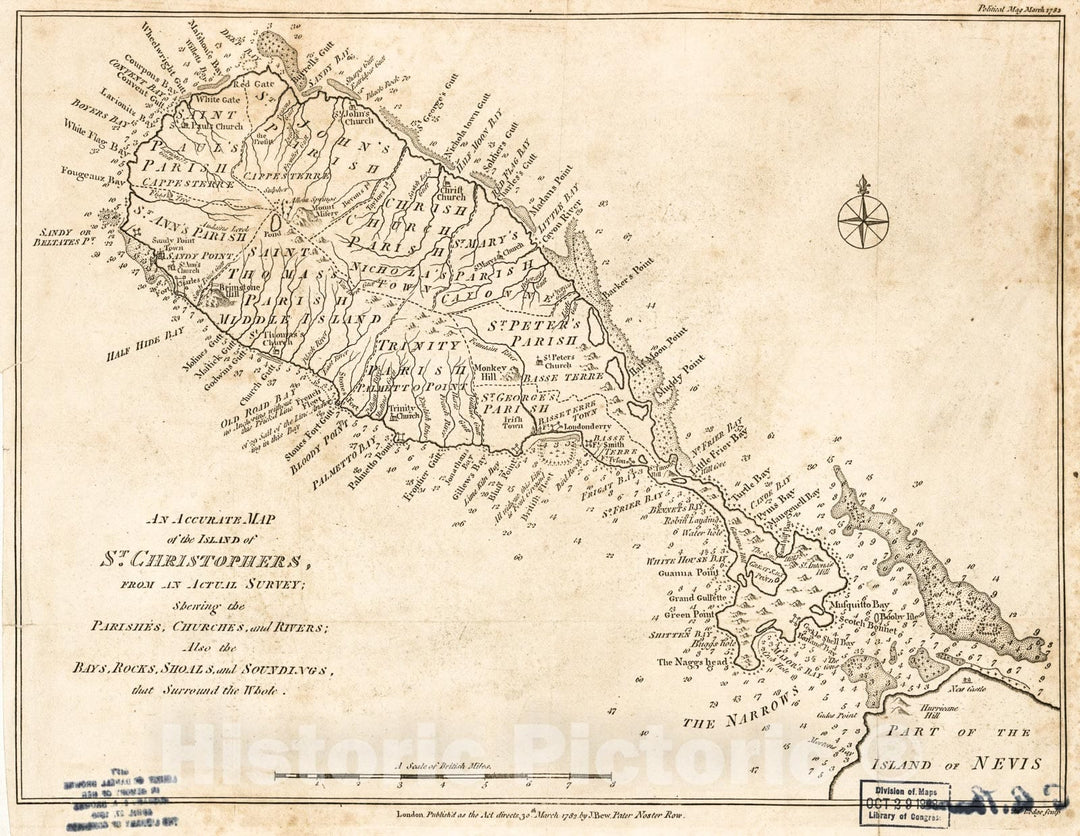 Historic 1782 Map - an Accurate map of The Island of St. Christophers from an acutal Survey shewing The parishes, Churches, and Rivers, Also The Bays, Rocks, Shoals