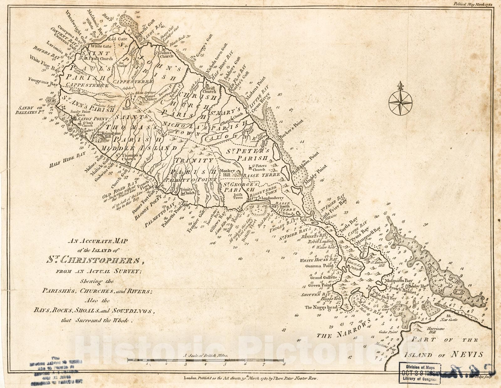 Historic 1782 Map - an Accurate map of The Island of St. Christophers from an acutal Survey shewing The parishes, Churches, and Rivers, Also The Bays, Rocks, Shoals