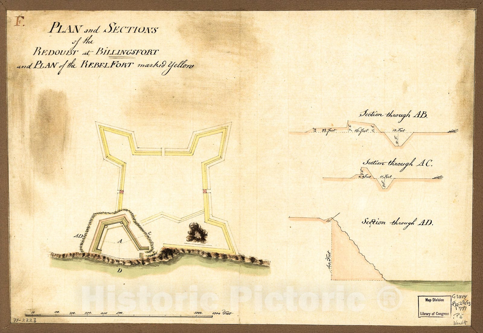 Historic 1777 Map - Plan and Sections of The Redoubt at Billingsfort and Plan of The Rebel Fort Marked Yellow.