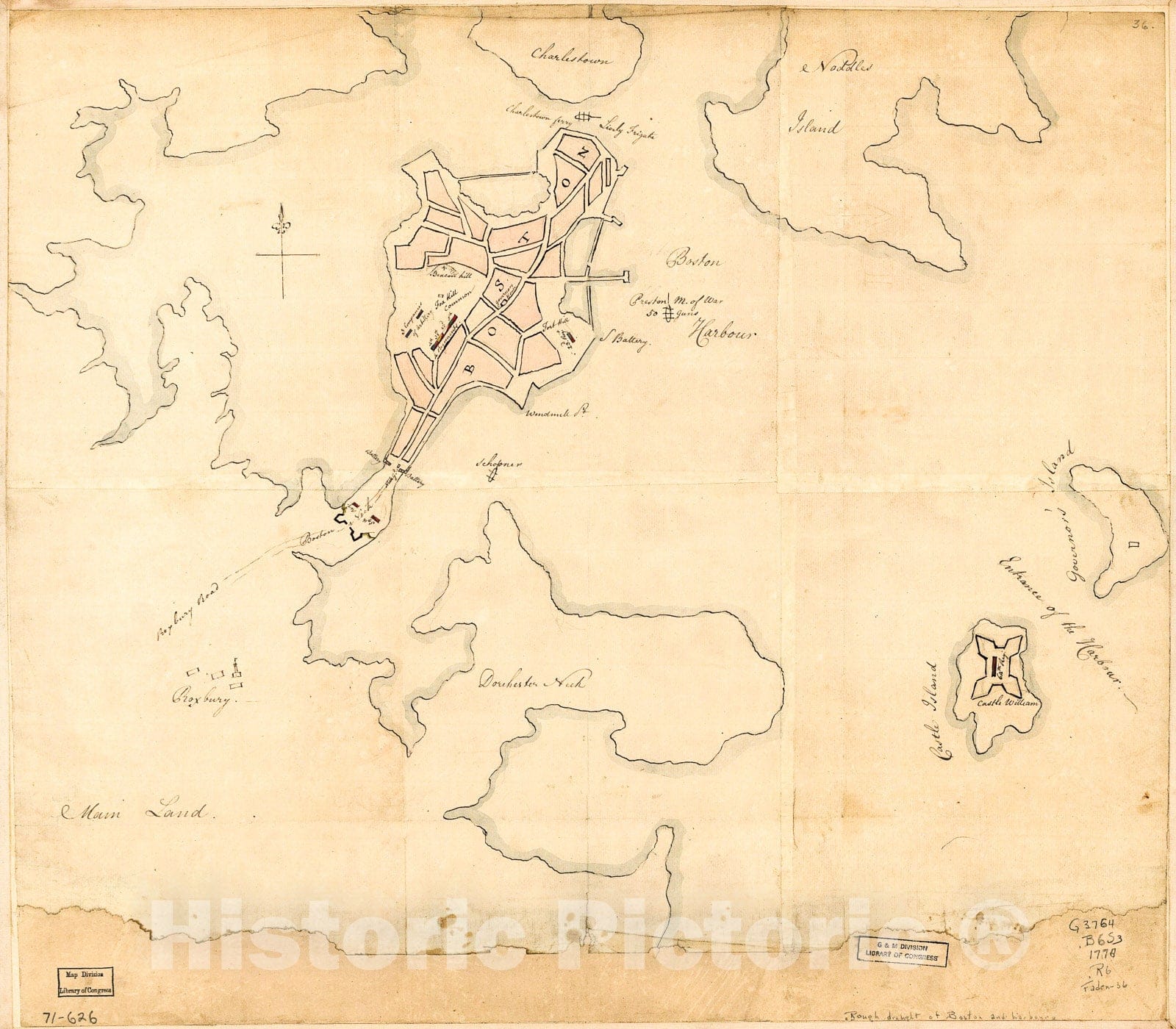 Historic 1776 Map - Rough Draught of Boston and Harbour.