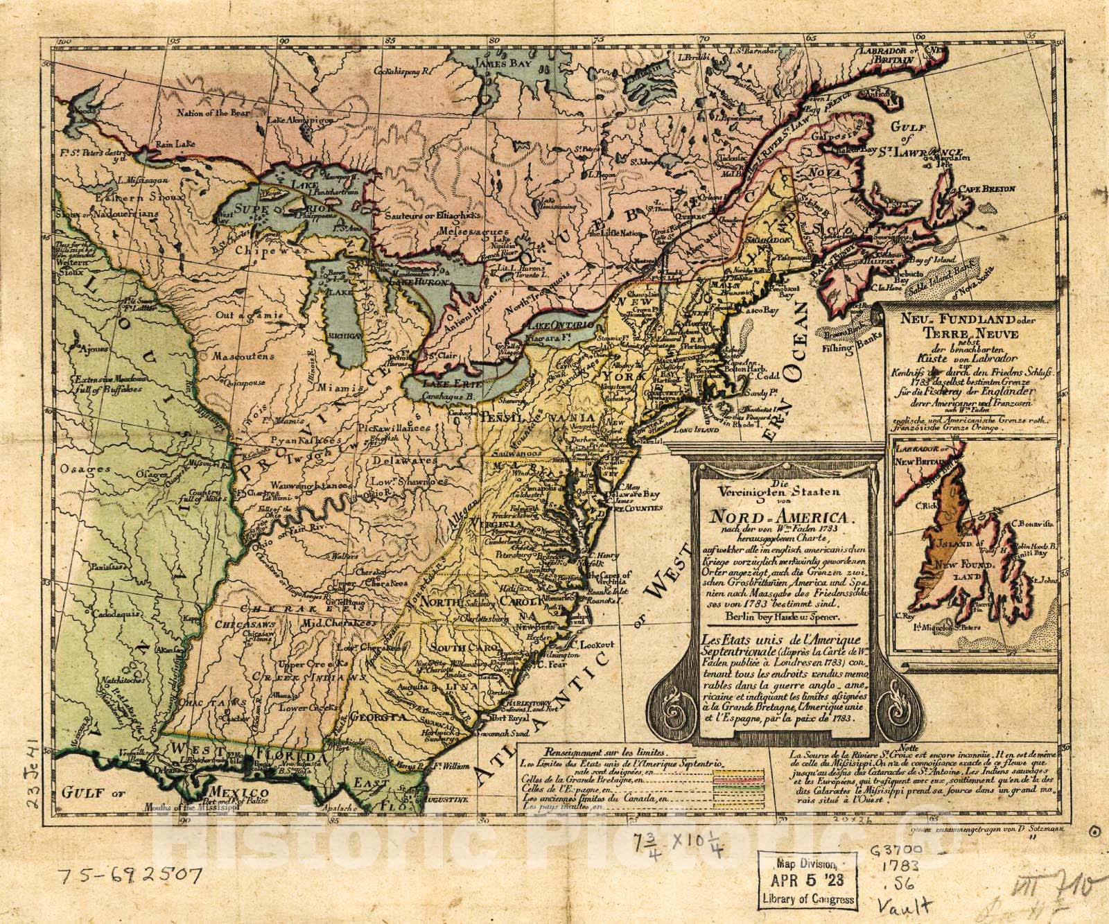 Historic 1783 Map - Die Vereinigten Staaten von Nord-America, nach der von Wm. Faden 1783 herausgegebenen Charte