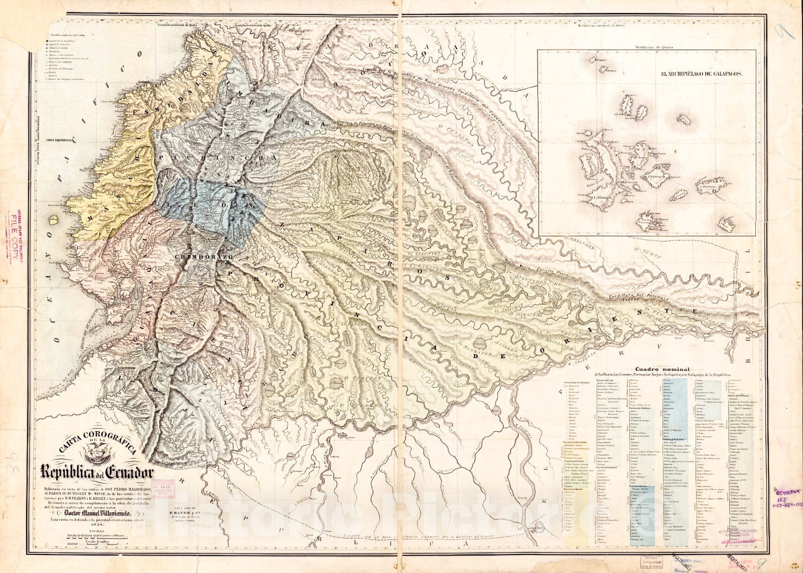 Historic 1858 Map - Carta corogrÃ¡fica de la Republica del Ecuador : delineada en Vista de las cartas de Don Pedro Maldonado, el Baron de Humboldt Mr. Wisse