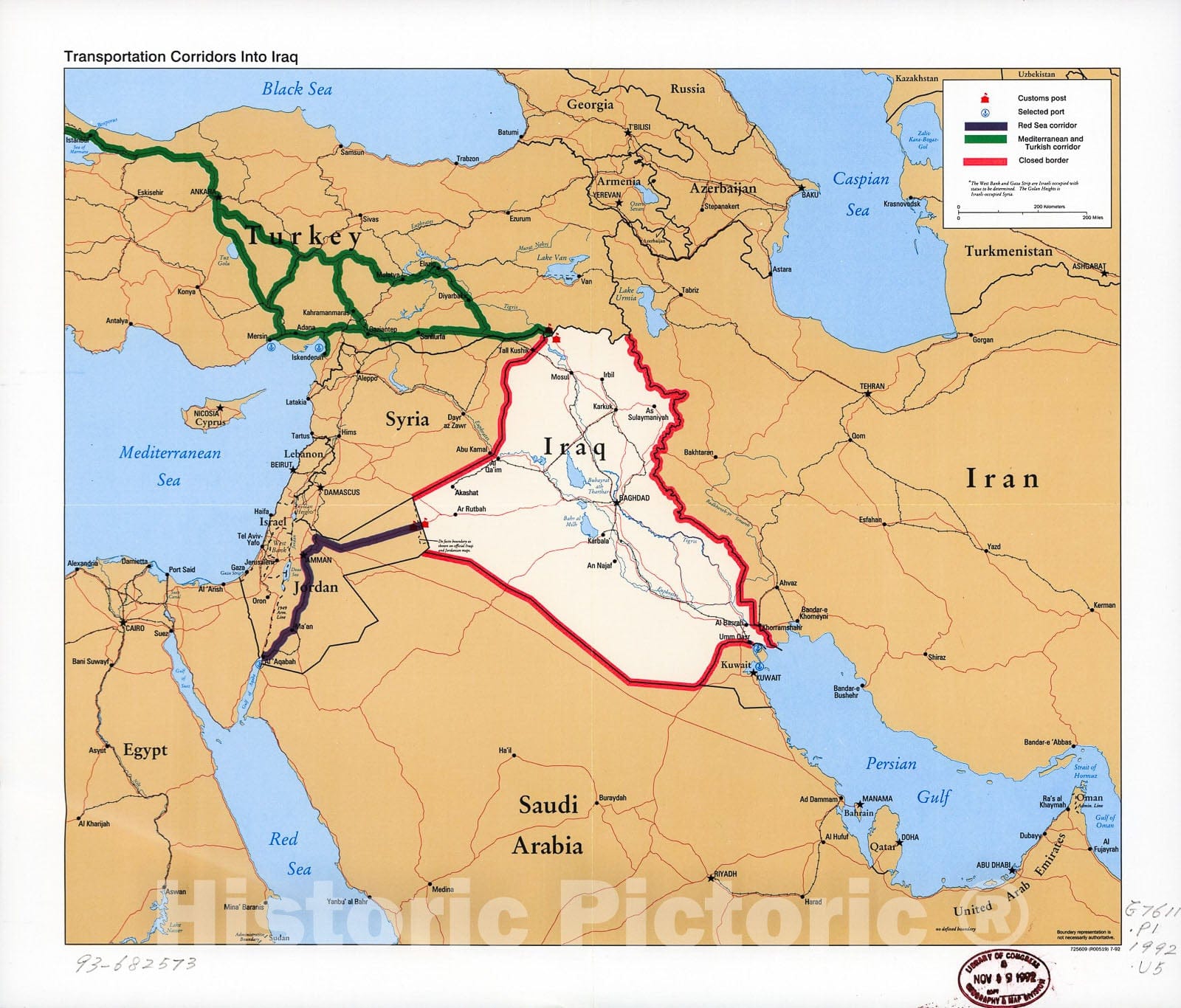 Historic 1992 Map - Transportation corridors into Iraq.