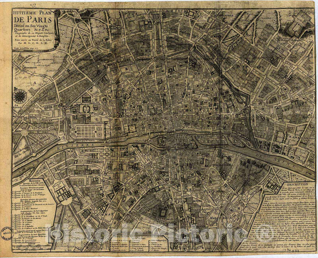 Historic 1705 Map - Huitieme Plan de Paris divisÃ© en SES vingts quartiers
