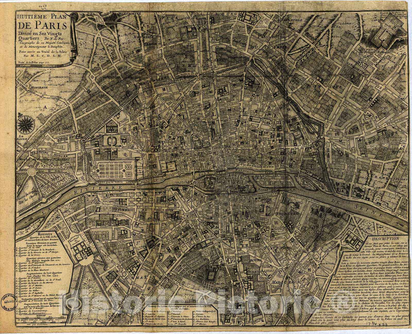 Historic 1705 Map - Huitieme Plan de Paris divisÃ© en SES vingts quartiers