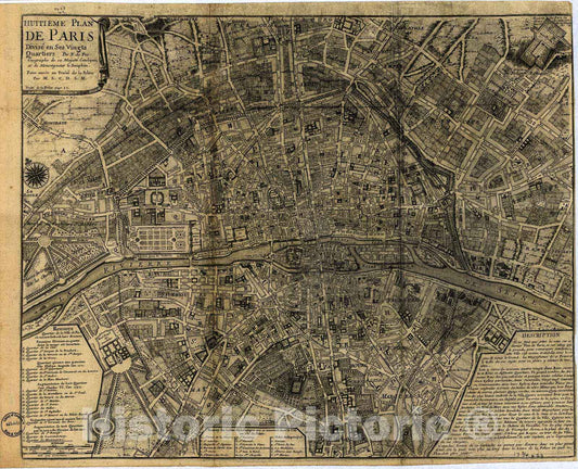 Historic 1705 Map - Huitieme Plan de Paris divisÃ© en SES vingts quartiers