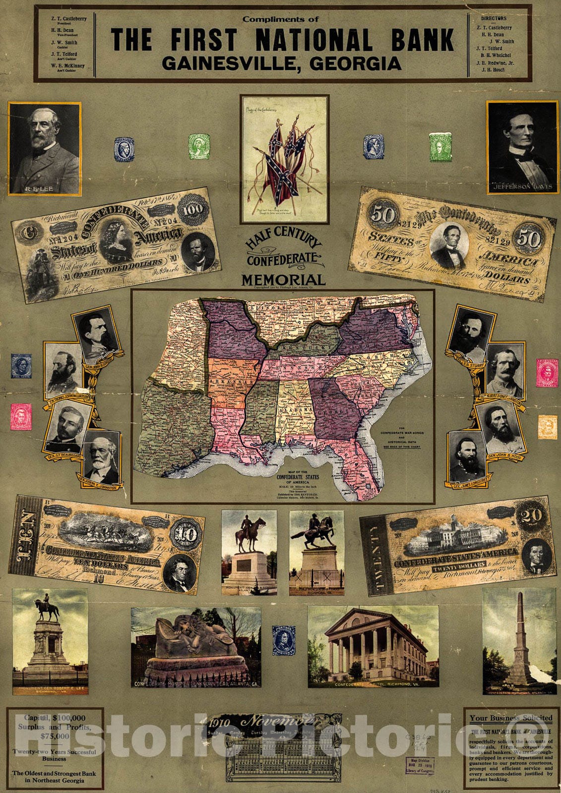 Historic 1910 Map - Map of The Confederate States of America. 1861-65