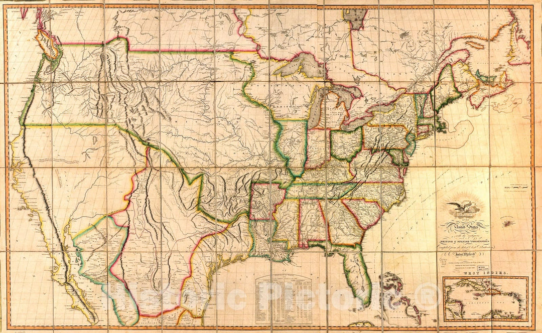 Historic 1819 Map - Map of The United States of America : with The contiguous British and Spanish Possessions