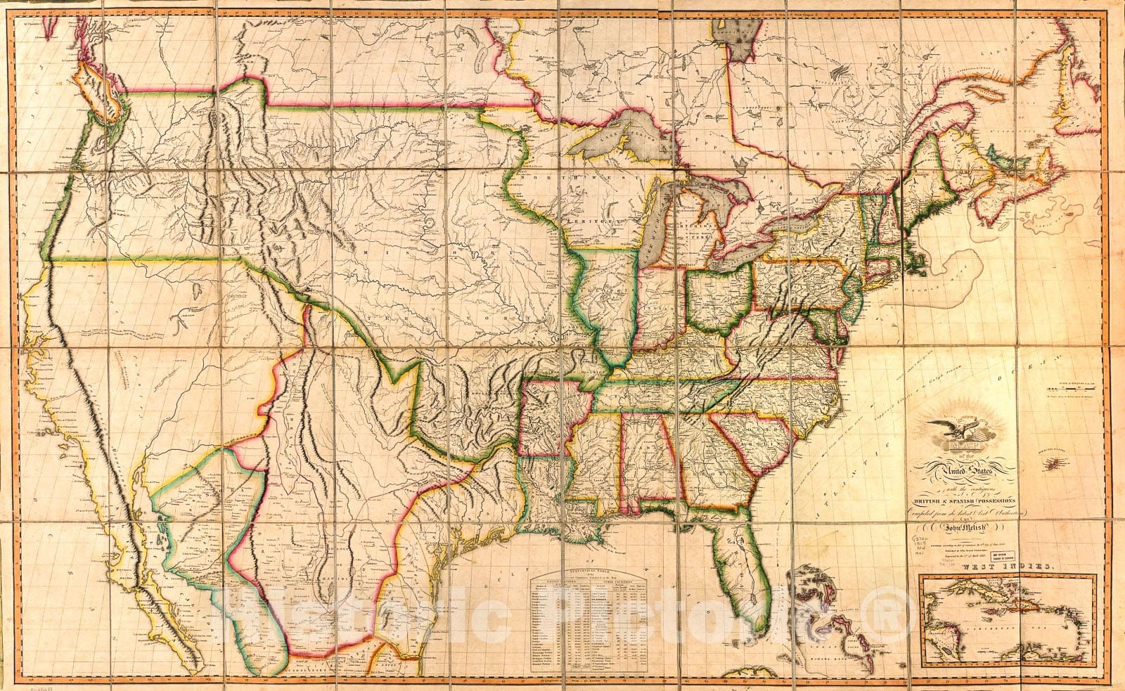 Historic 1819 Map - Map of The United States of America : with The contiguous British and Spanish Possessions