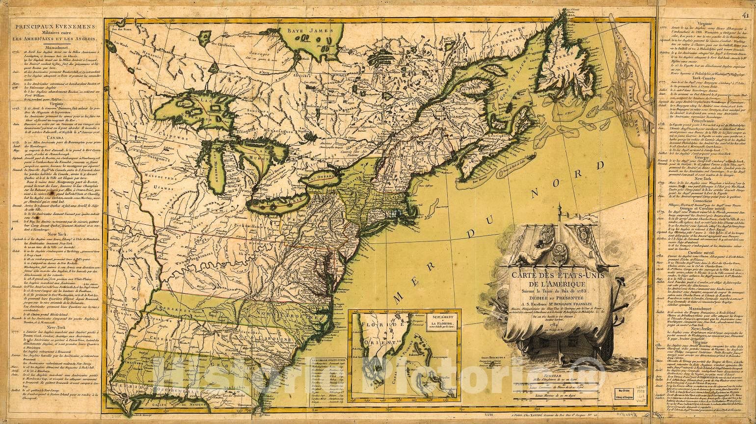 Historic 1784 Map - Carte des Etats-UNIS de l'Amerique suivant le TraitÃ© de Paix de 1783.