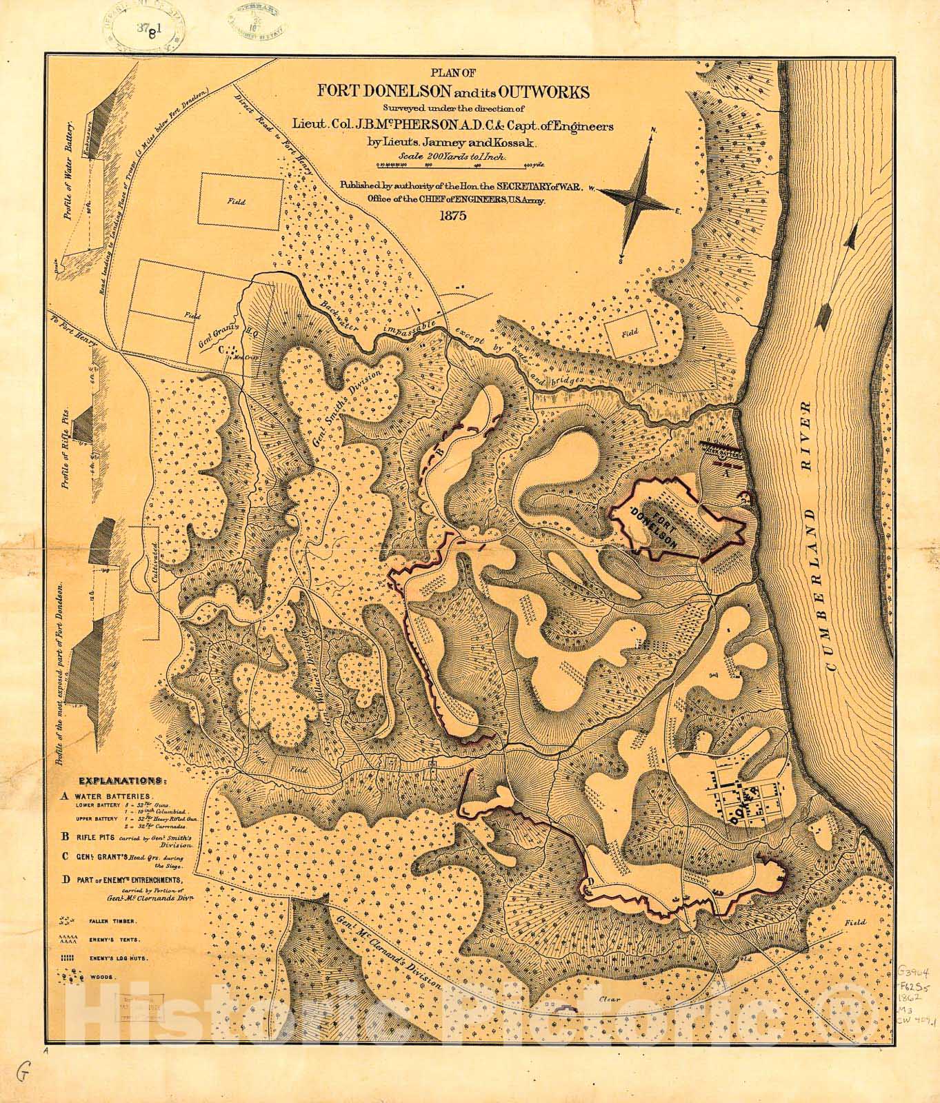 Historic 1875 Map - Plan of Fort Donelson and its outworks. Feb. 1862