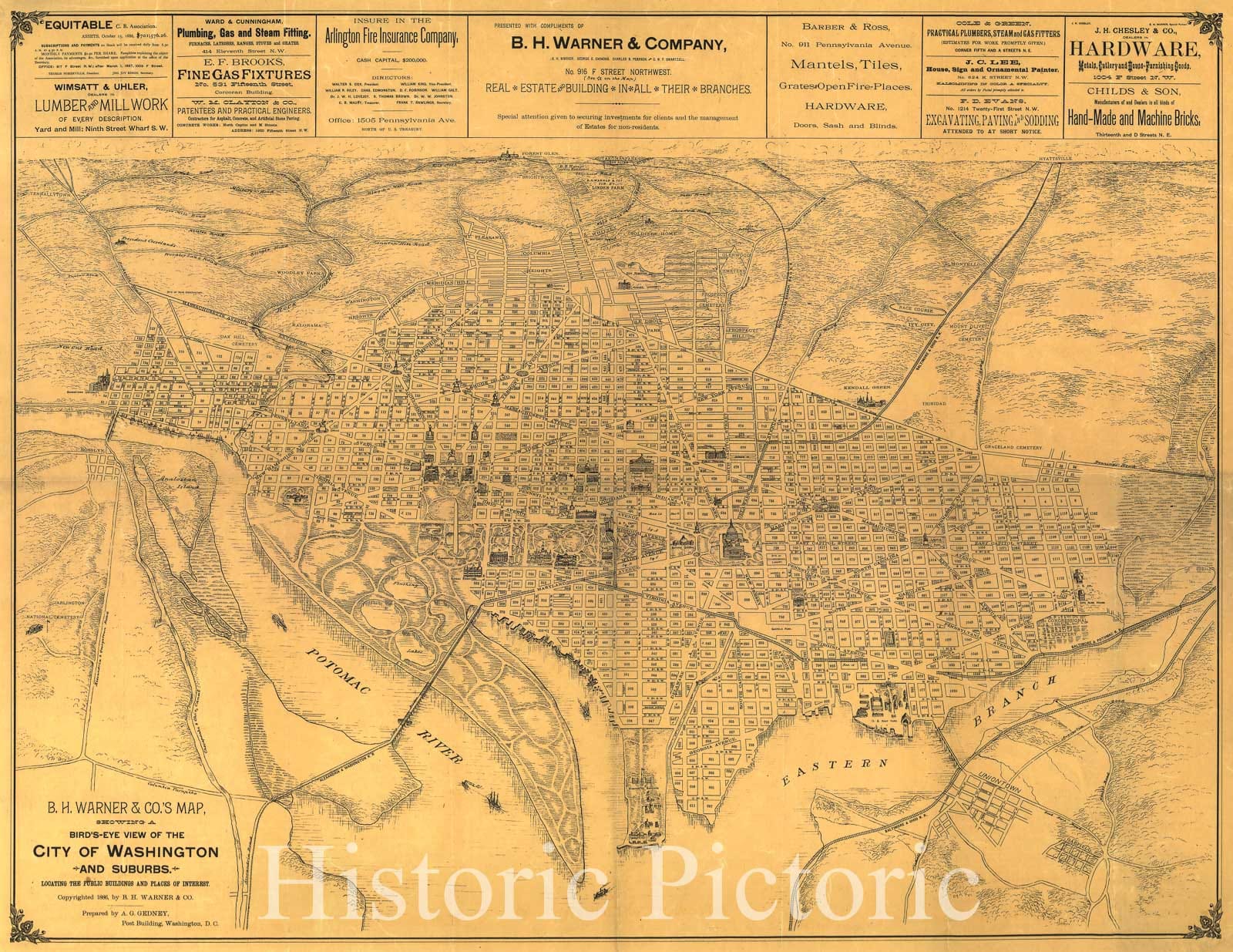 Historic 1886 Map - B.H. Warner & Co.'s Map Showing a Bird's-Eye View of The City of Washington and Suburbs : locating The Public Buildings and Places of Interest