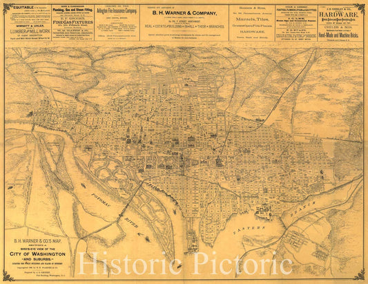 Historic 1886 Map - B.H. Warner & Co.'s Map Showing a Bird's-Eye View of The City of Washington and Suburbs : locating The Public Buildings and Places of Interest