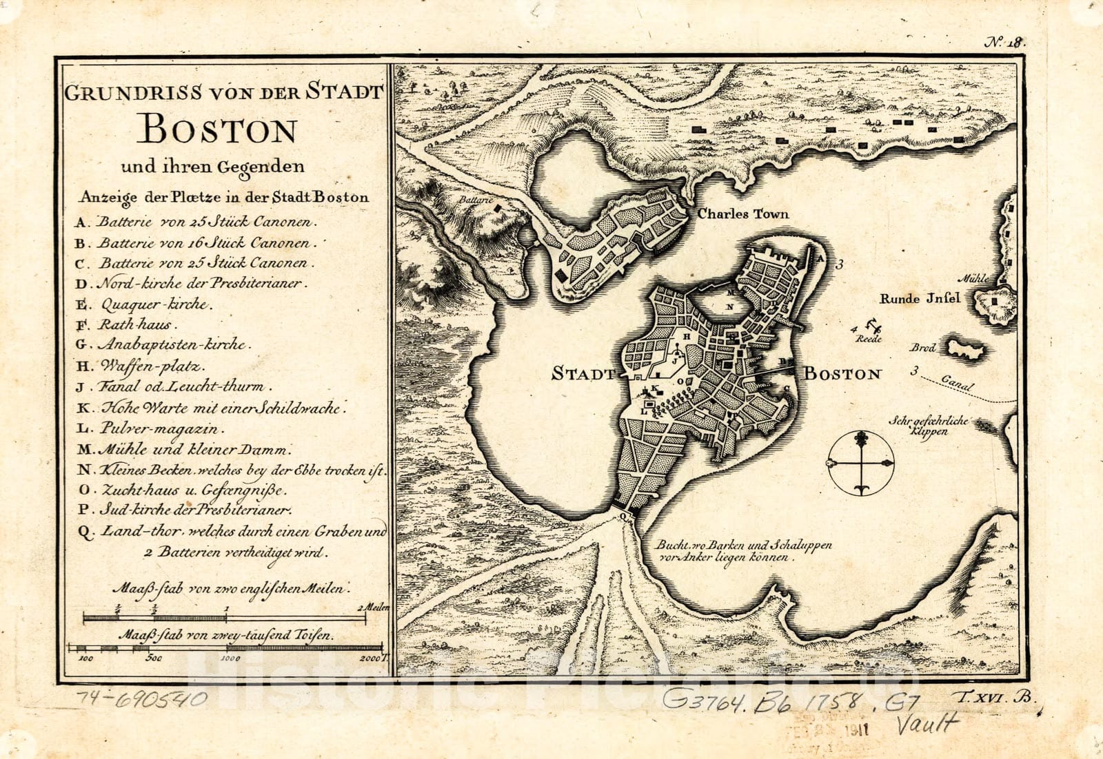 Historic 1758 Map - Grundriss von der Stadt Boston und ihren Gegenden.
