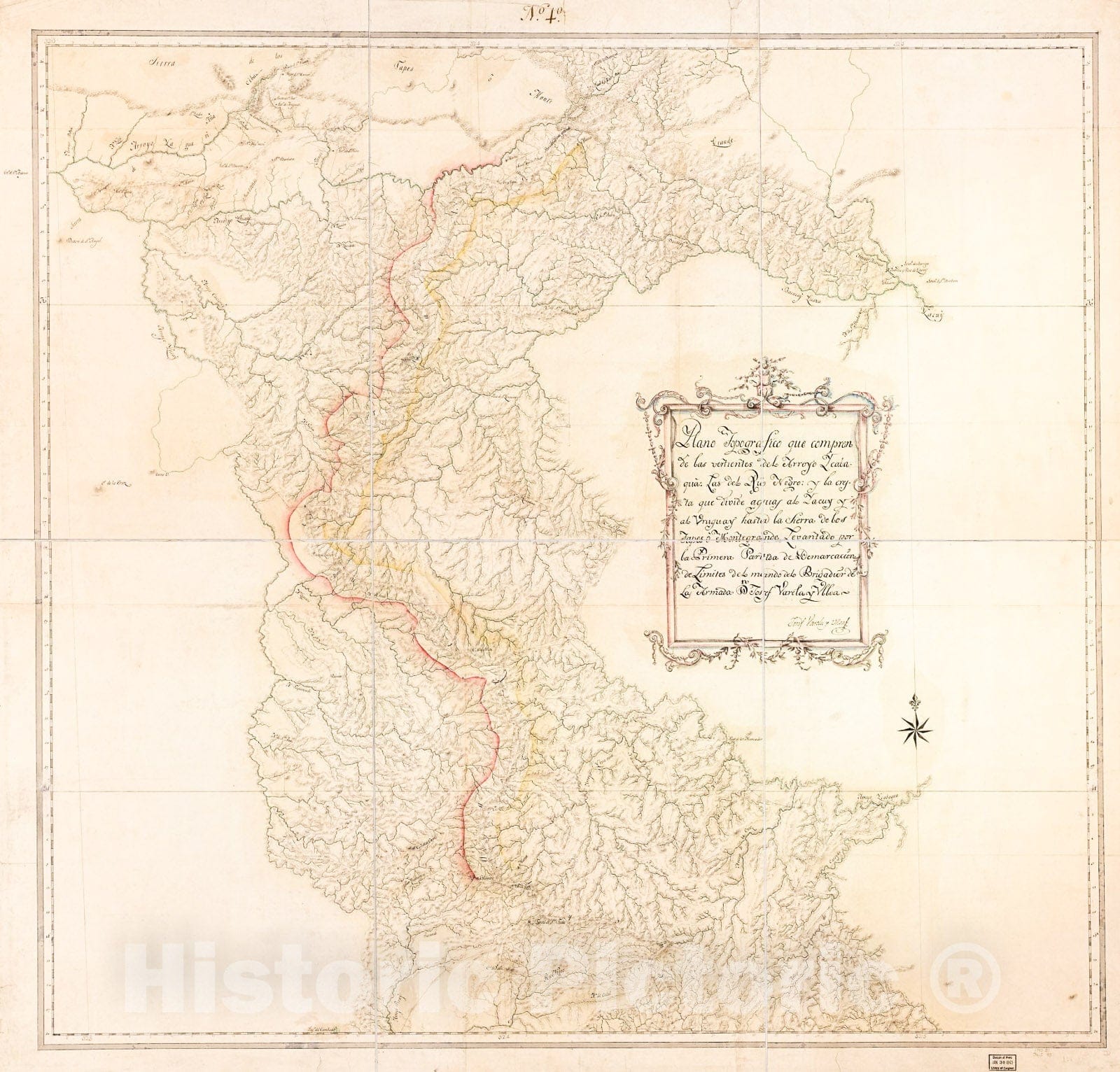 Historic 1780 Map - Plano topografico que comprende las vertientes del Arroyo Ycabaqua, las del Rio Negro y la Cresta que Divide Aguas al Yacuy