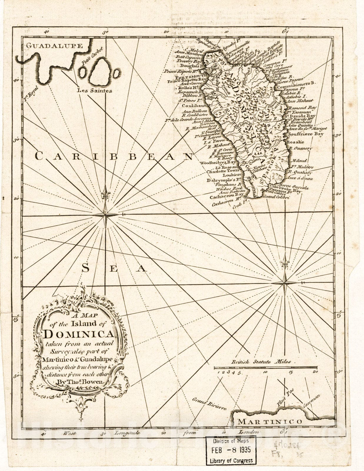 Historic 1778 Map - A map of The Island of Dominica Taken from an Actual Survey, Also Part of Martinico & Guadalupe shewing Their True Bearing & Distance from Each Other