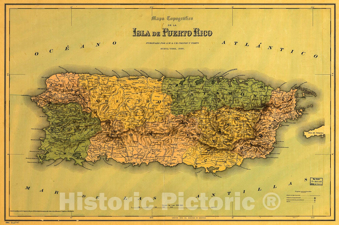 Historic 1886 Map - Mapa topogrÃ¡fico de la isla de Puerto Rico.