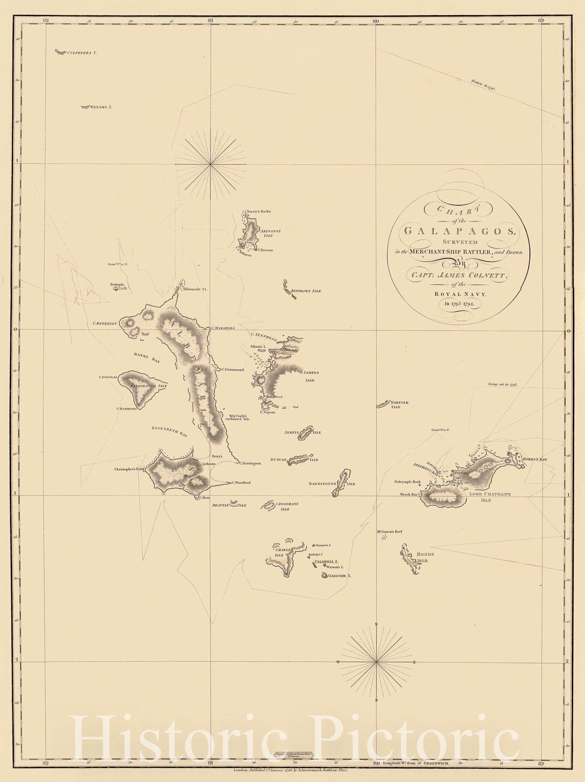 Historic 1798 Map - Chart of The Galapagos