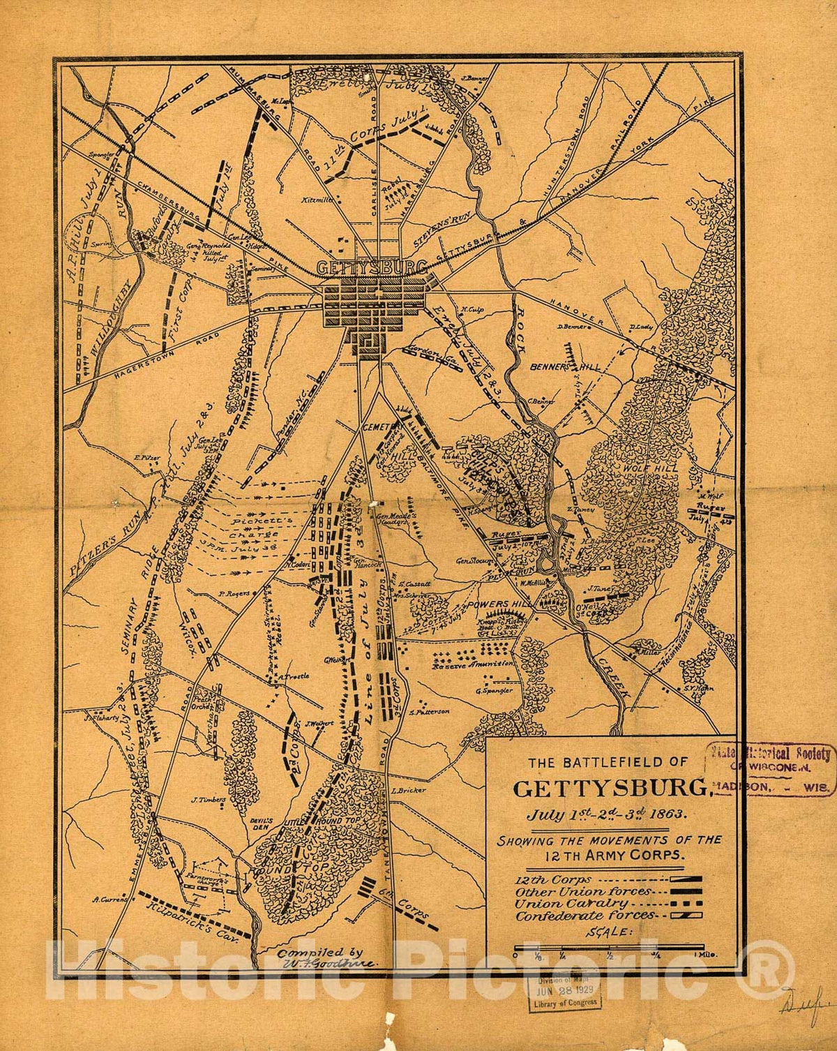 Historic 1863 Map - The Battlefield of Gettysburg, July 1st, 2D, 3D, 1863, Showing The Movements of The 12th Army Corps.