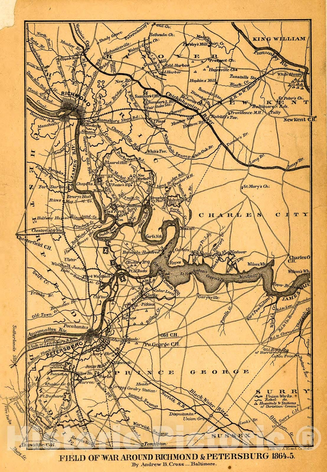 Historic 1864 Map - Field of war Around Richmond & Petersburg, 1864-5.