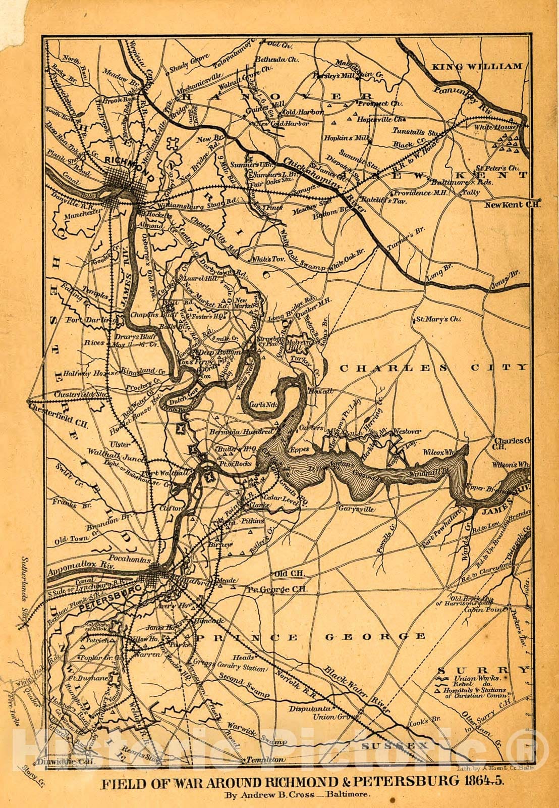Historic 1864 Map - Field of war Around Richmond & Petersburg, 1864-5.