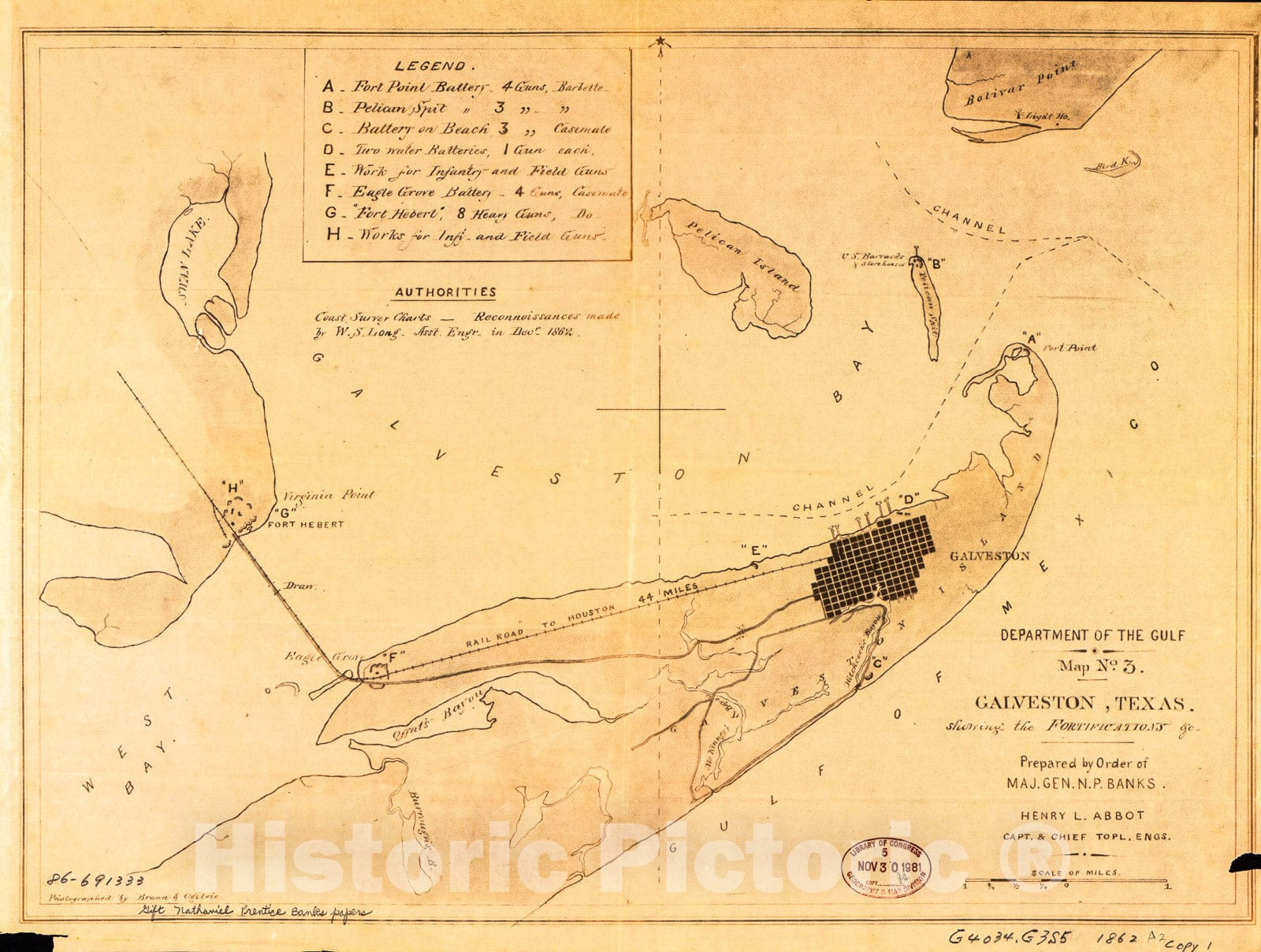 Historic 1862 Map - Galveston, Texas, Showing The fortifications