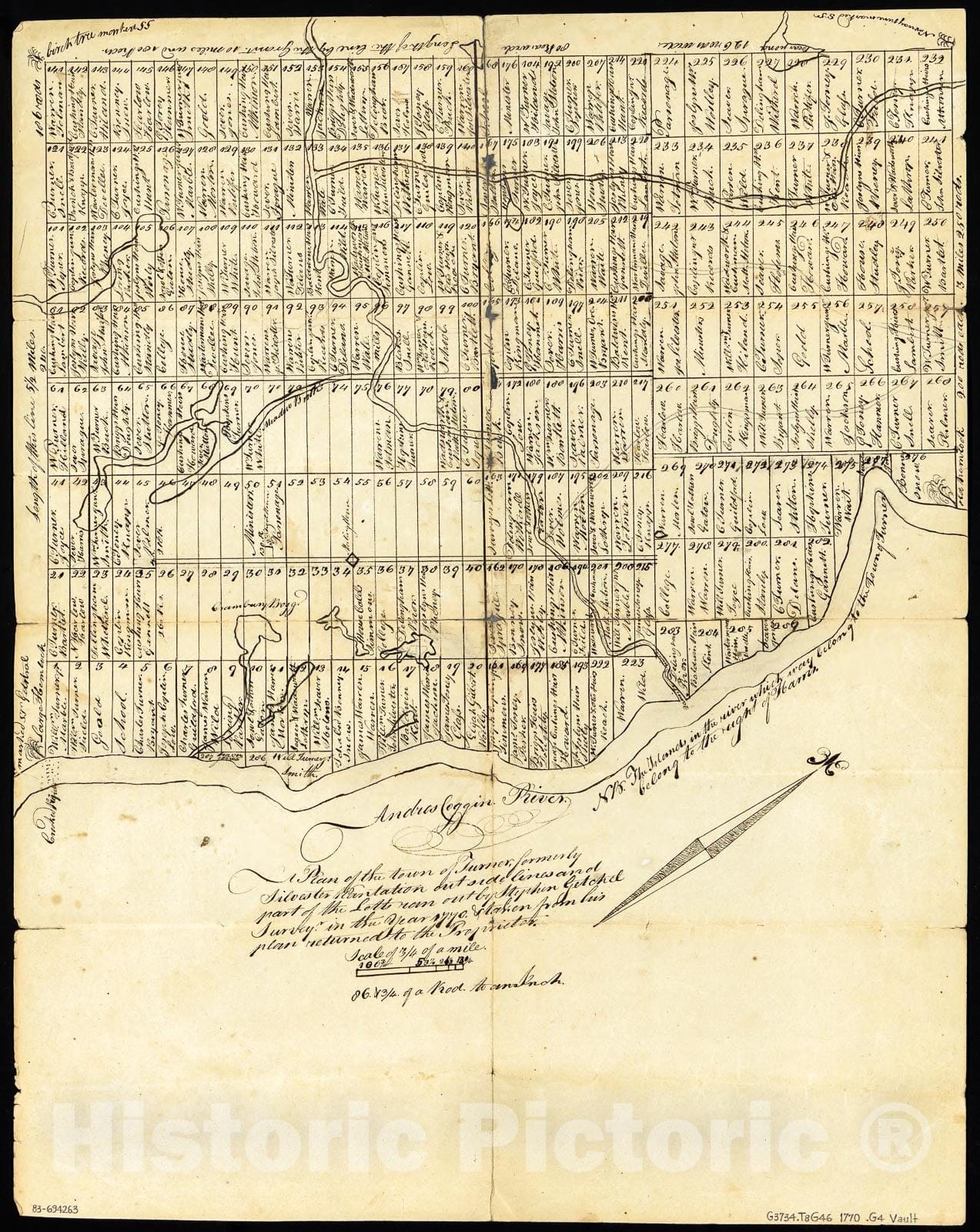 Historic 1770 Map - Plan of The Town of Turner, Formerly Silvester Plantation : Out Side Lines and Part of The lotts Ran Out