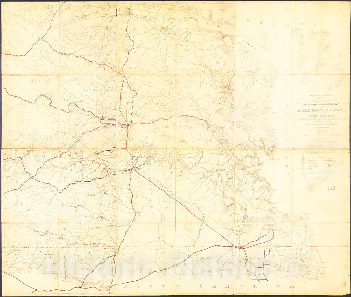 Historic 1861 Map - Copy of an Unfinished map of a Portion of The Military Department of North Eastern Virginia and Fort Monroe