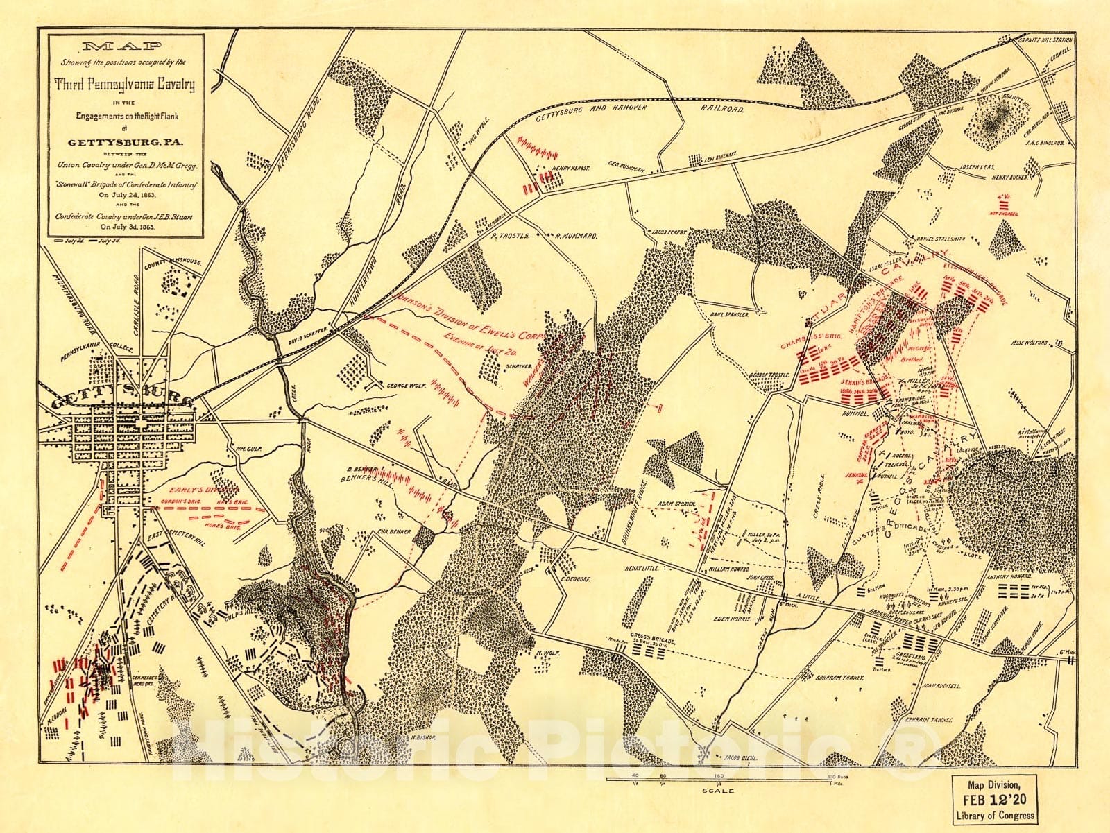 Historic 1863 Map - Map Showing The Positions Occupied by The Third Pennsylvania Cavalry in The engagements on The Right Flank at Gettysburg, Pa.